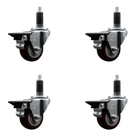 Service Caster 3'' Maroon Poly Swivel 1-1/8'' Expanding Stem Caster Set with Brake, 4PK SCC-EX20S314-PPUB-MRN-PLB-118-4
